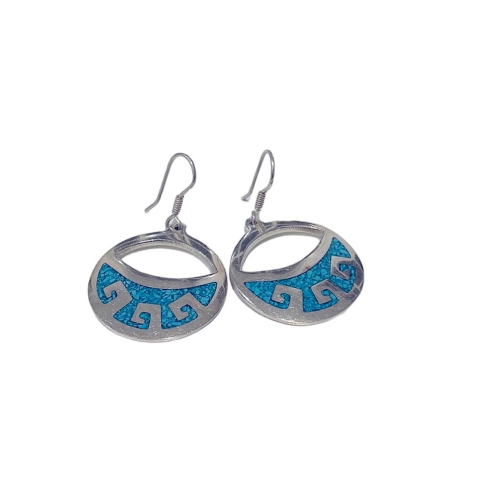 Beautiful silver and turquoise hanging earrings. Hook back. EUC - Picture 1 of 3